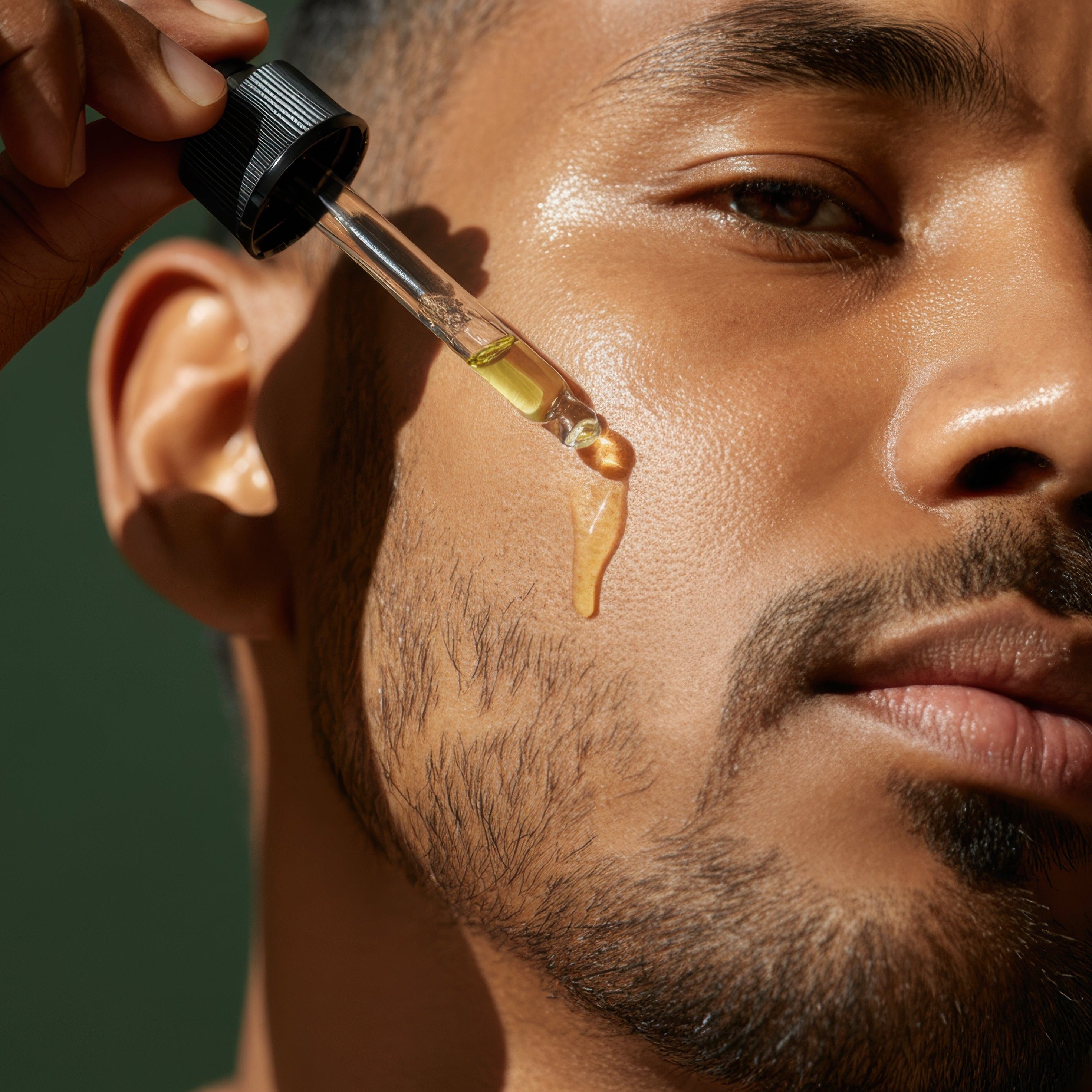 Male applying Meiskin Natural Organic Rosehip oil to the face to decrease wrinkles fine lines and dry skin