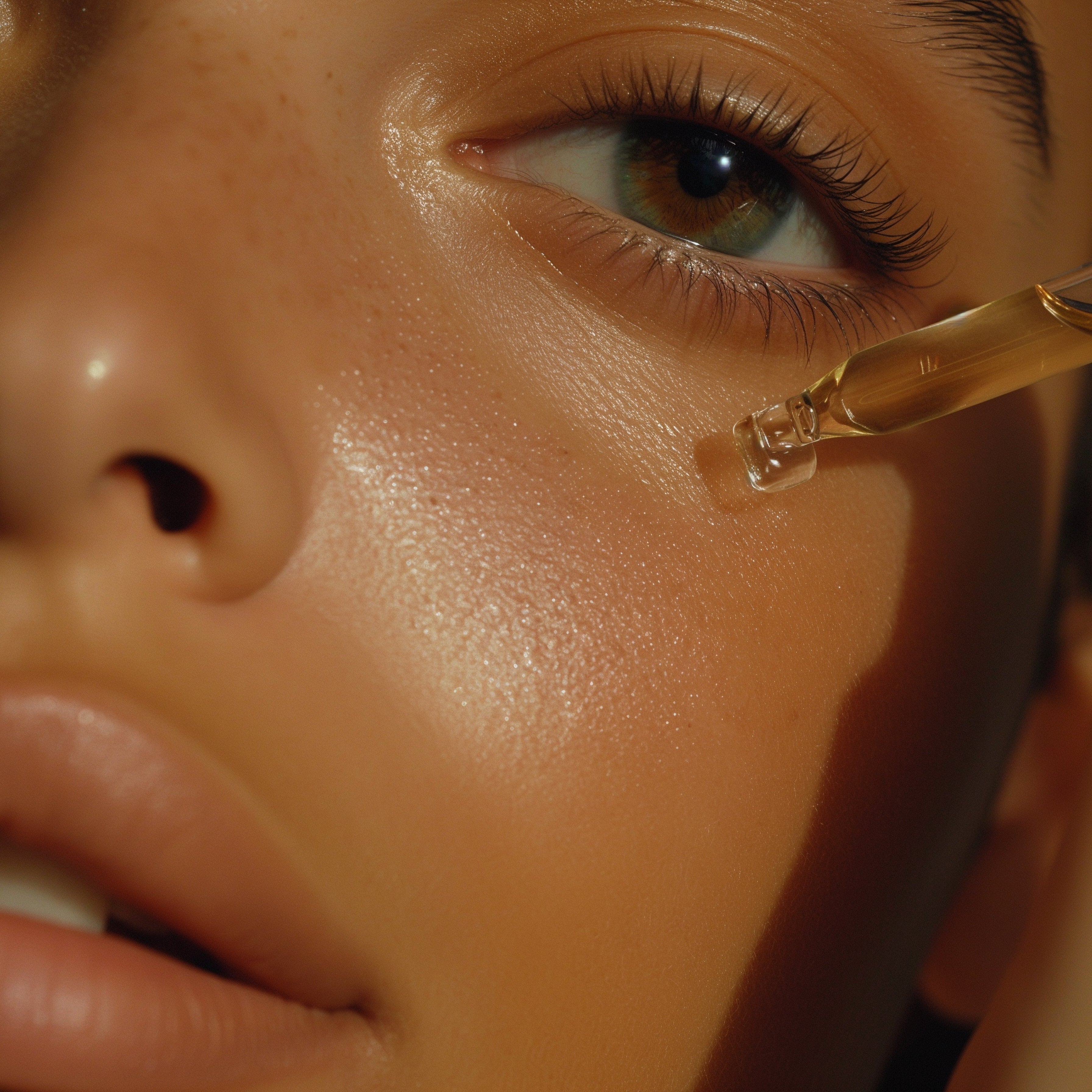 Close-up of a person applyingorganic rosehip oil serum with a dropper.