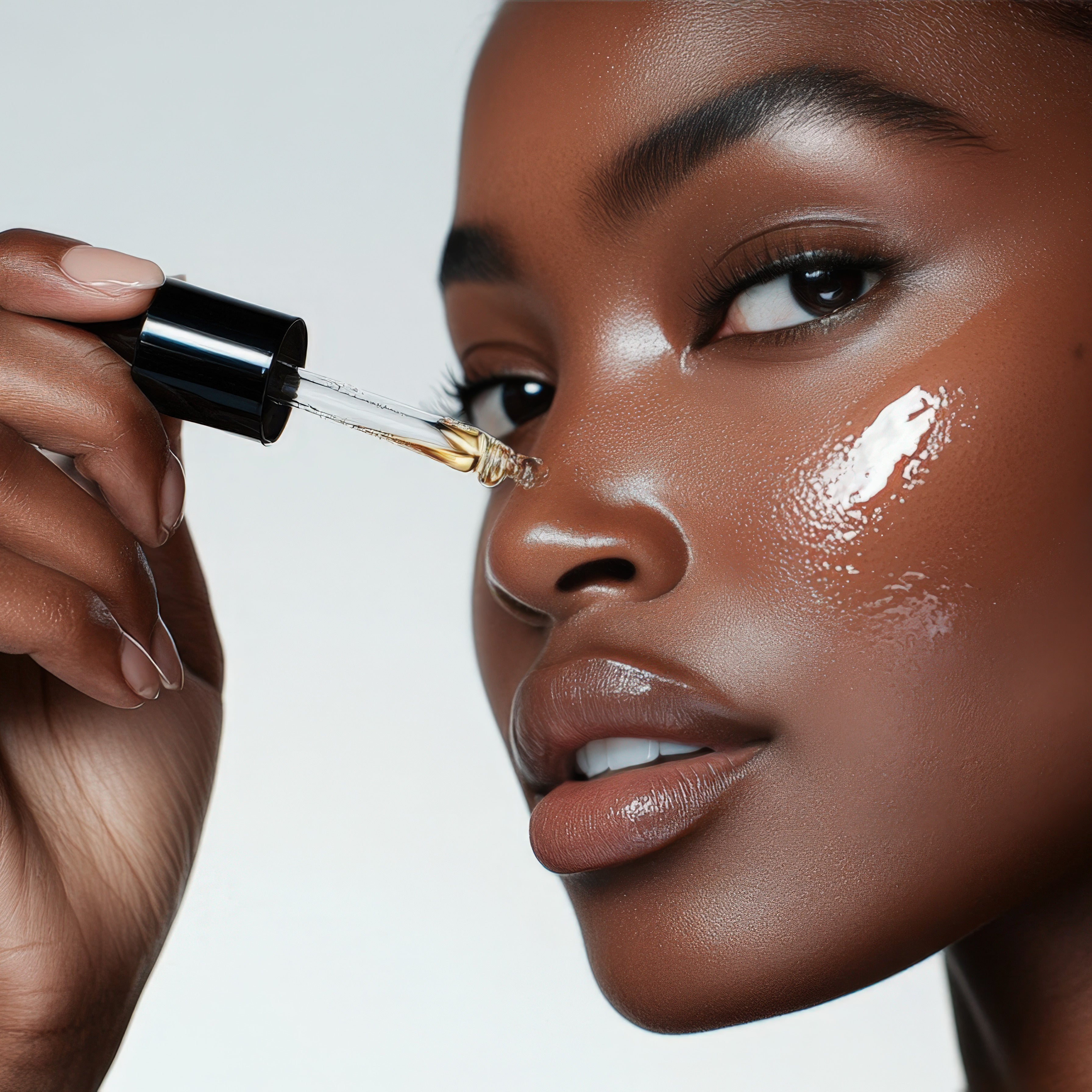 Woman applying meiskin organic rosehip rosa canina seed oil with a dropper on a neutral background