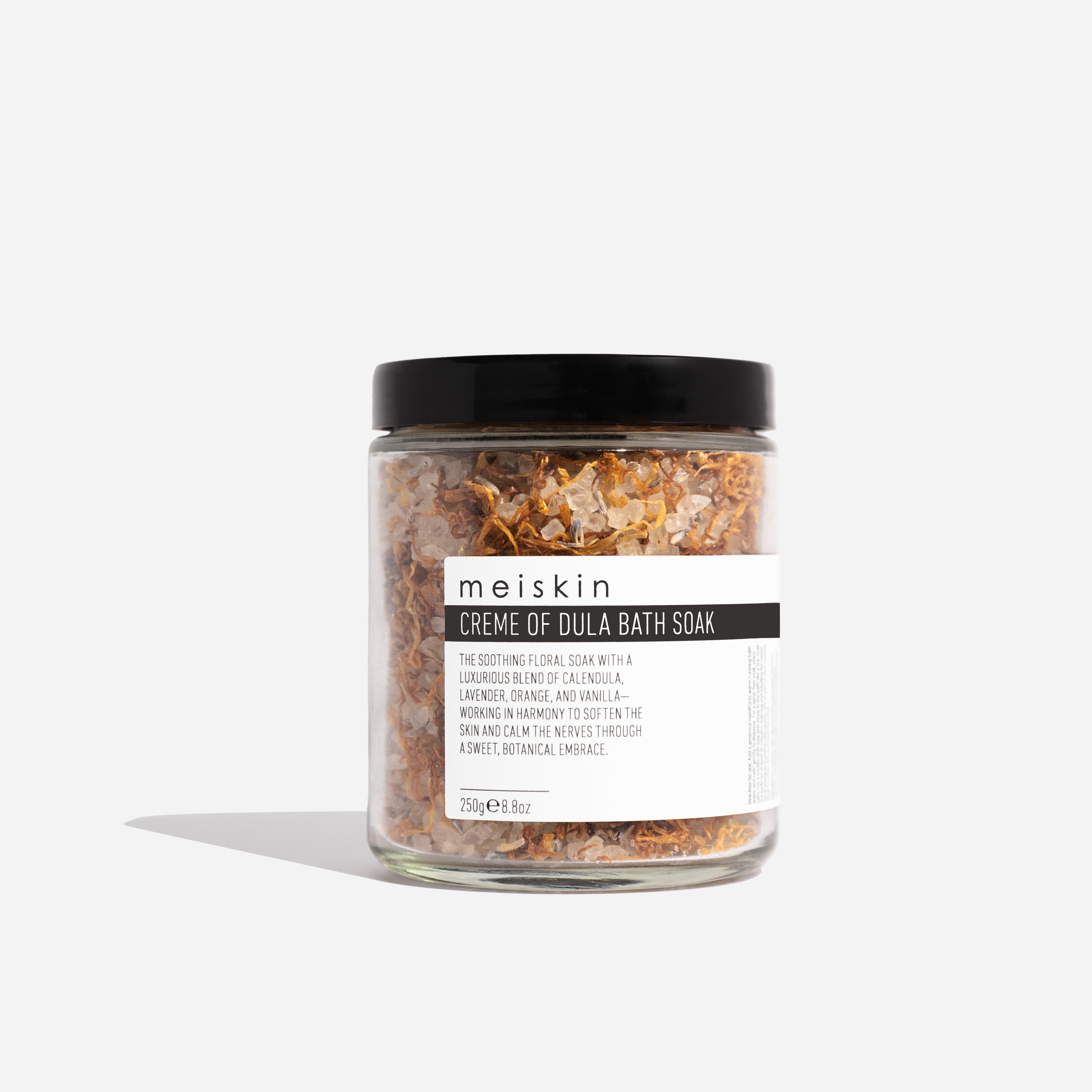 Meiskin Creme of Dula Bath soak container jar with label on a white background
