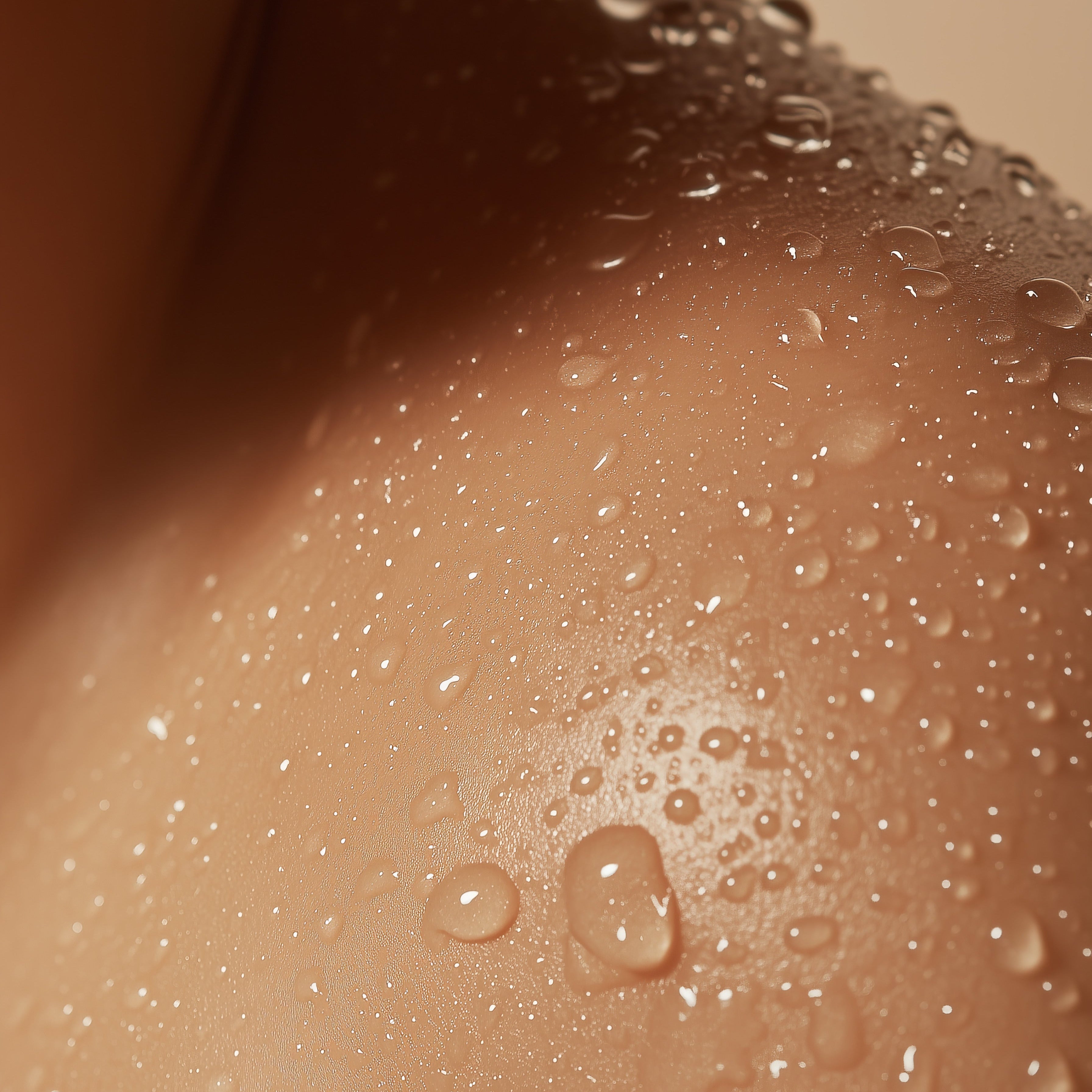 Close-up of a person's shoulder with water droplets on a beige background for Meiskin Creme of Dula Bath Salt Soak