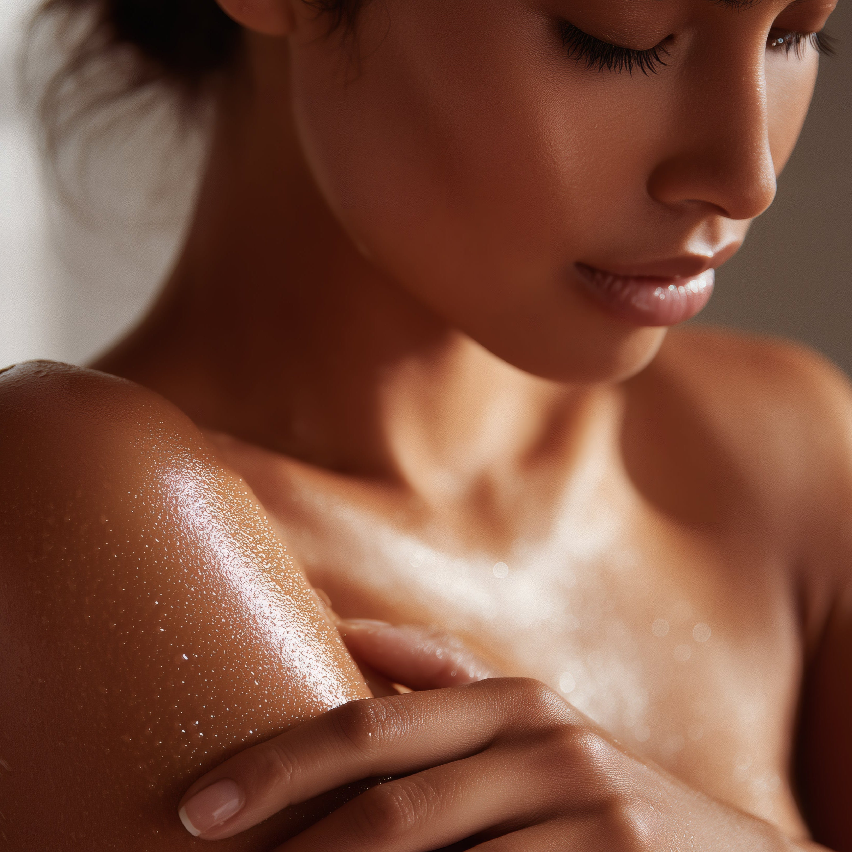 Woman with a sun-kissed glow on her shoulder against a neutral background