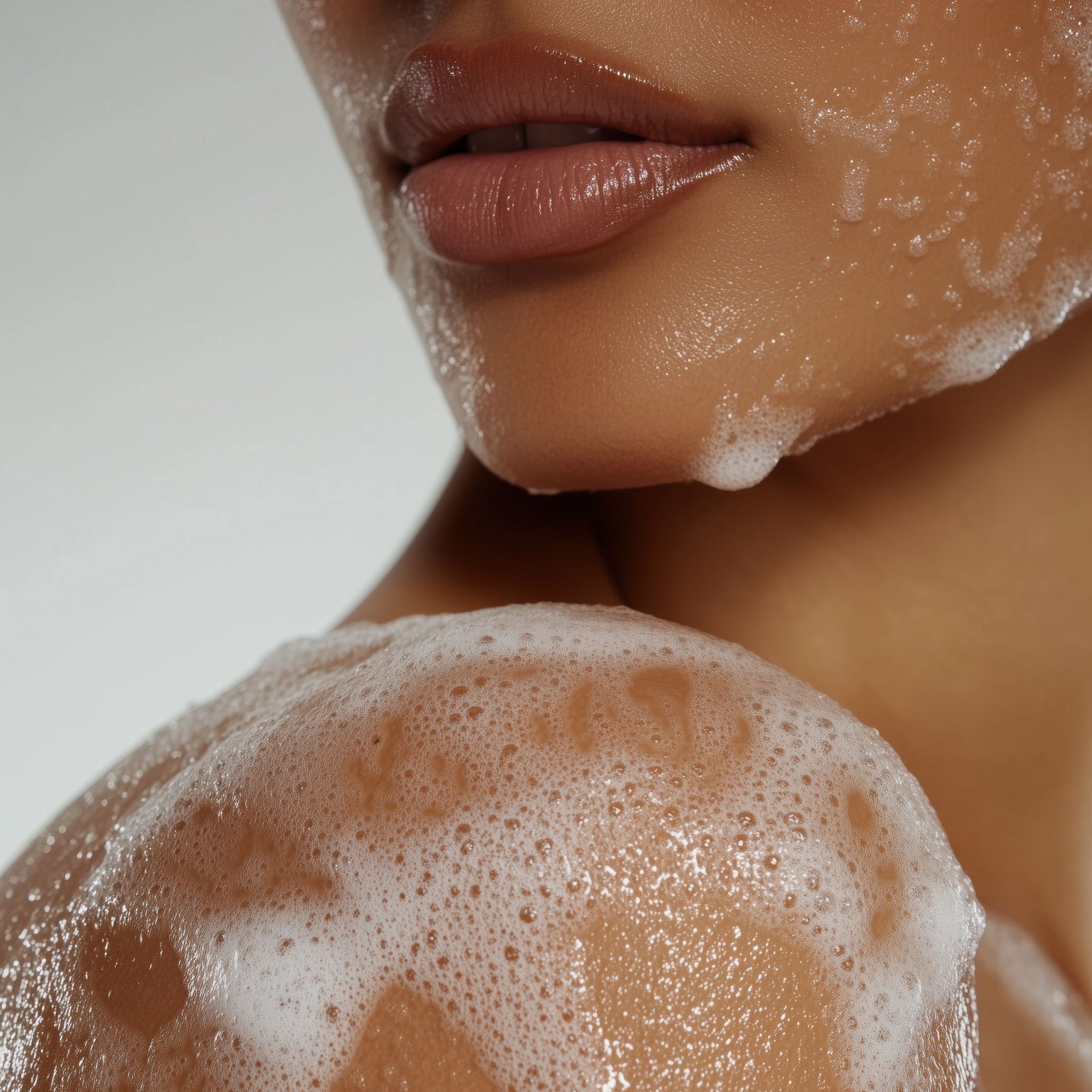 Close-up of a person with soap suds on their skin and hands against a neutral background